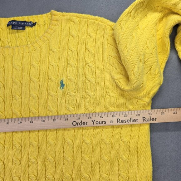 Ralph Lauren Sweater Womens XL Yellow Cable Knit V Neck Cotton Pony Pullover - Picture 5 of 10